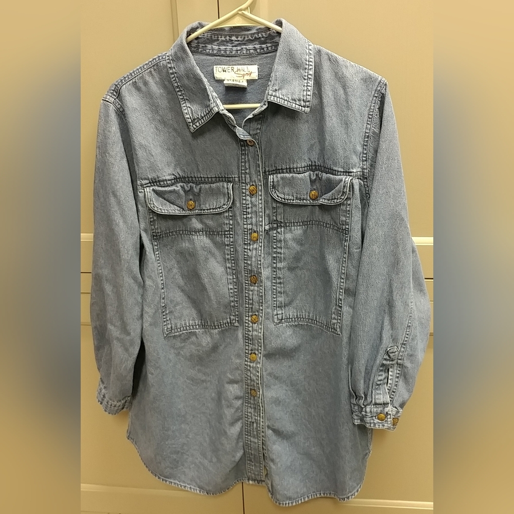 Vtg Tower Hill Womens Large Blue Jean Long Sleeve Collar Denim Shirt 100% Cotton